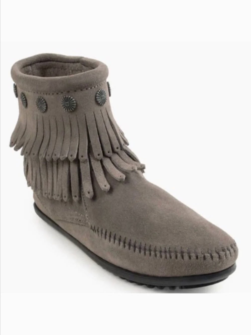 Minnetonka Grey Suede Leather Double Fringe Ankle Zip Moccasins w Conchos 5 NEW